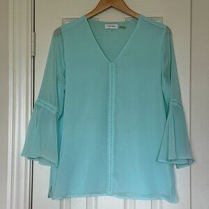 💎 Calvin Klein Pearl Embellished Aqua Blue Blouse Sheer Bell Sleeve - Size M 💎